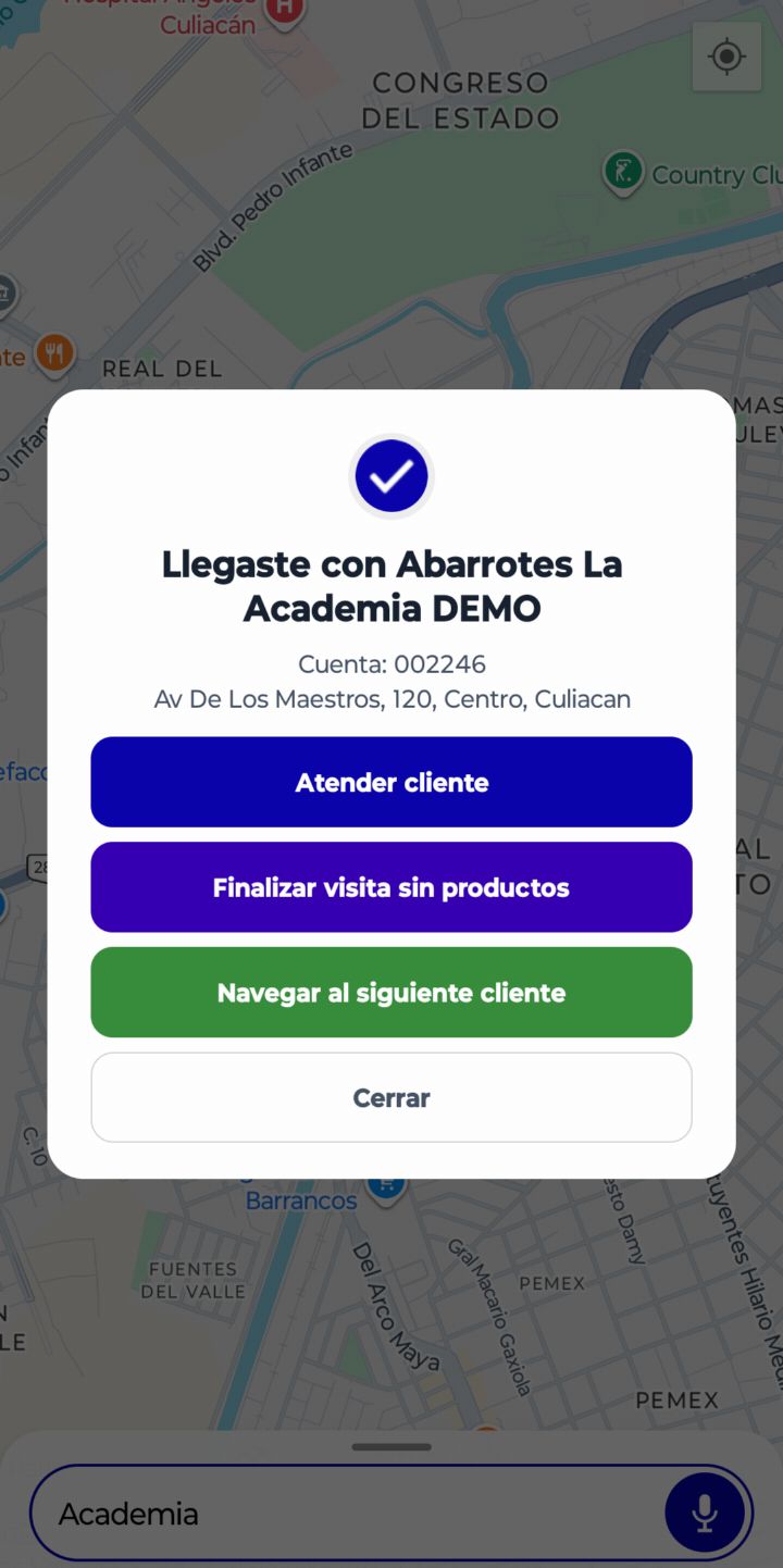 Aviso de llegada con opción de navegar al siguiente cliente